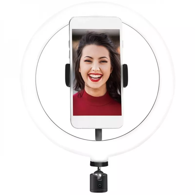 LogiLink AA0151 Ring light LED per smartphone, Ø 200 mm, 3 modalità colore, dimmerabile, filettatura treppiede 1/4 di pollice, con supporto per smartphone, USB, cavo 1,8 m, nero