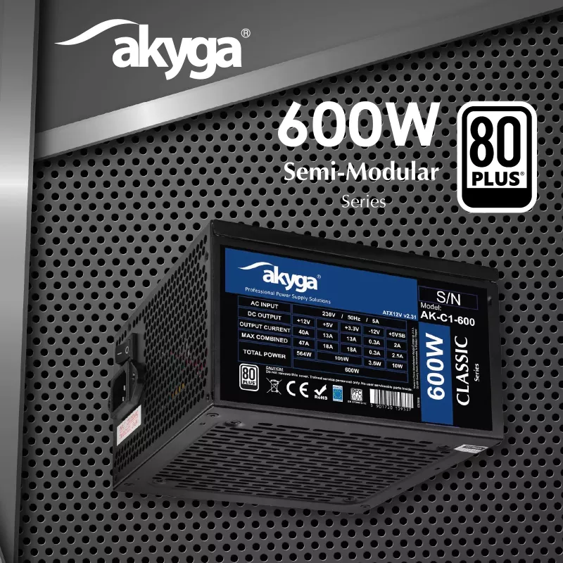 Akyga Classic AK-C1-600 alimentatore ATX 600 W, 80 PLUS, PFC attivo, ventola 120 mm