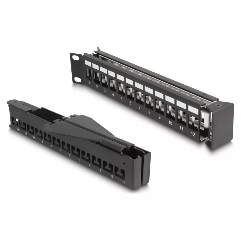 Patch Panel Keystone DeLOCK 19 pollici 24 porte con scarico di trazione 1HE angolato nero