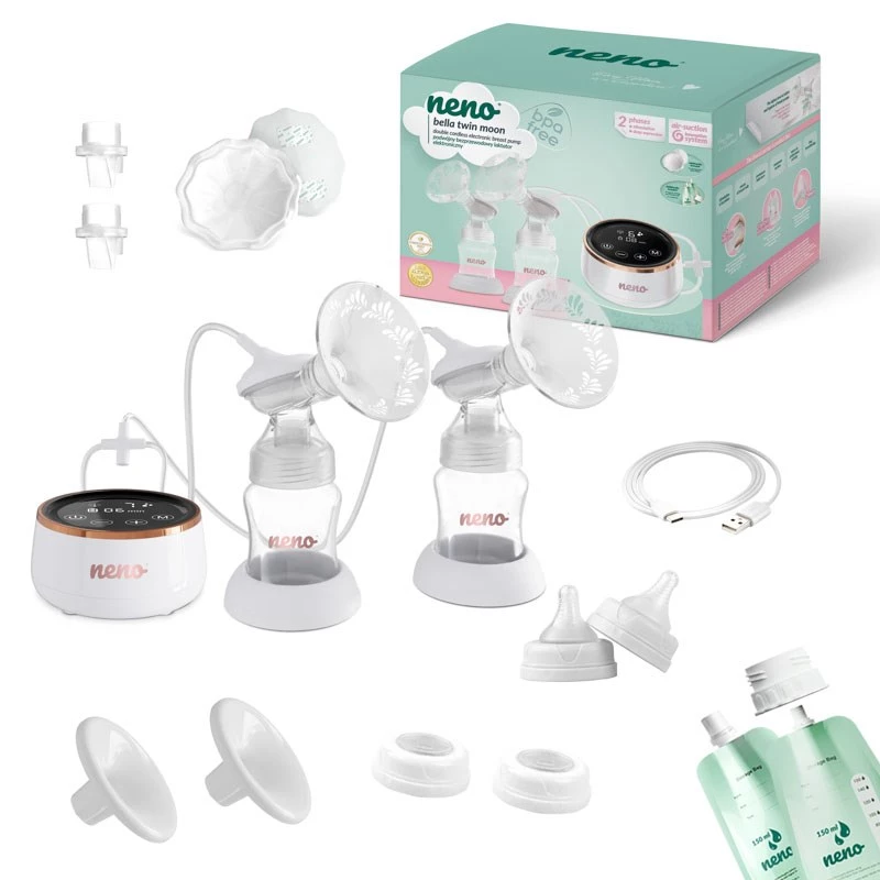 Tiralatte elettrico doppio neno Bella Twin Moon – wireless, bifase, LCD, biberon da 150 ml, madreperla