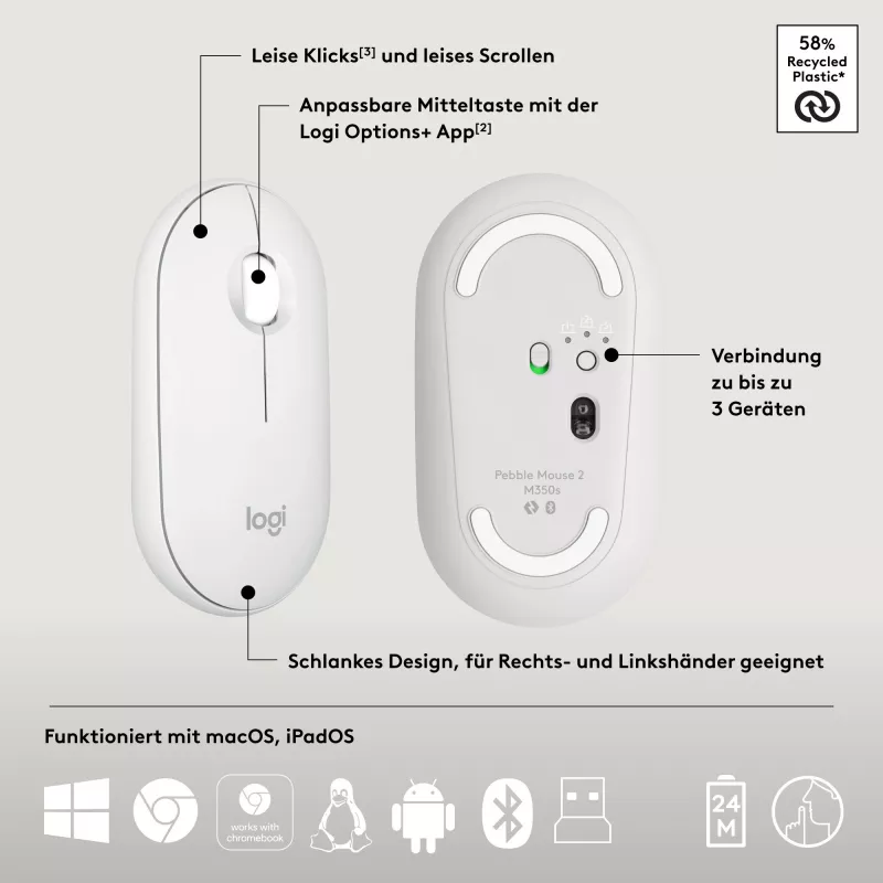 Logitech Pebble 2 Combo Set, bianco, wireless, tedesco, 920-012204