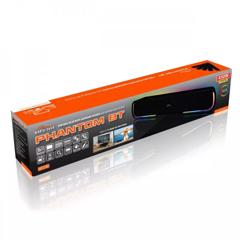 Diffusore MEDIA‑TECH Phantom MT3180 Soundbar 450W RMS, 80W a batteria, Bluetooth, con filo e senza fili, nero
