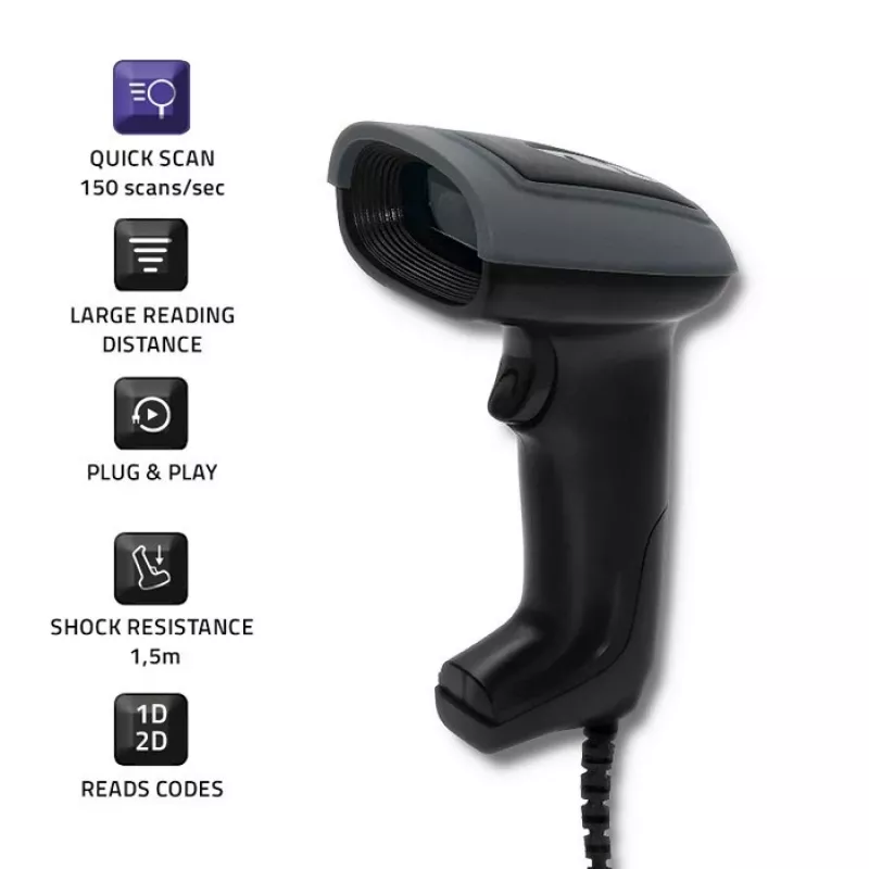 Lettore di codici a barre portatile QOLTEC 50863 — scanner 1D/2D, USB con cavo, sensore LED, nero, 5V, cavo 1,8 m