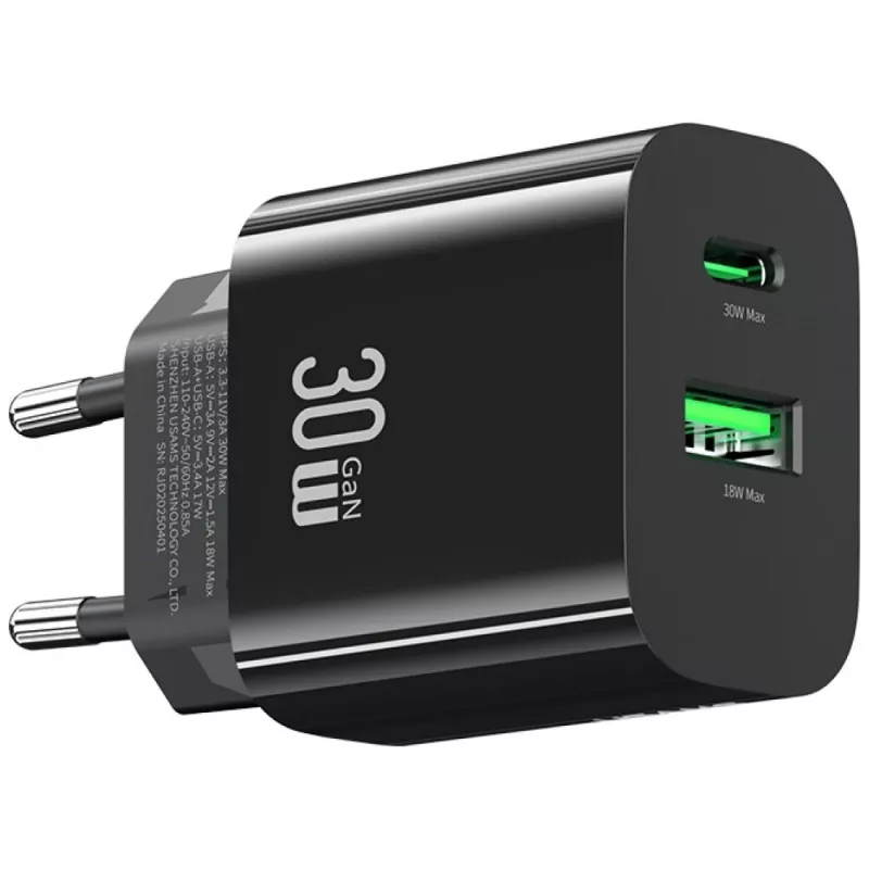 Caricabatterie USAMS USA001631 30W con 1x USB-C e 1x USB-A ricarica rapida