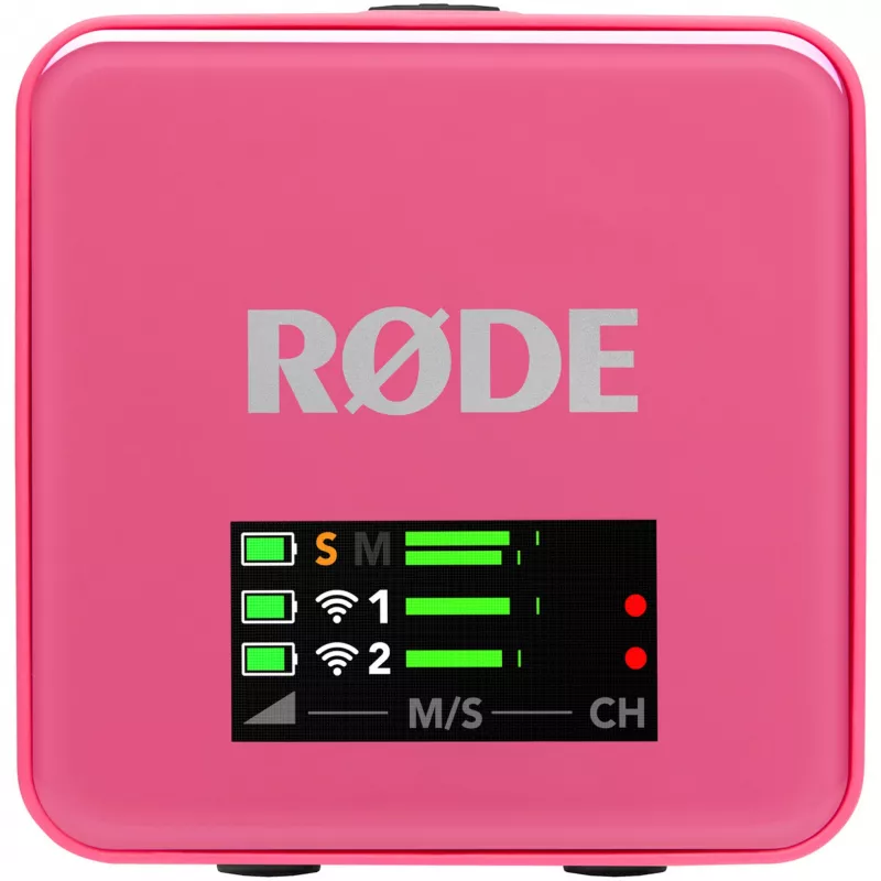 Microfono wireless RODE Wireless GO III Rosa — sistema trasmettitore e ricevitore compatto a due canali