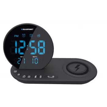 Sveglia radio FM PLL/ALARM/USB/CR85BK CHARGE/ricarica wireless/interni/esterni temperatura/nero