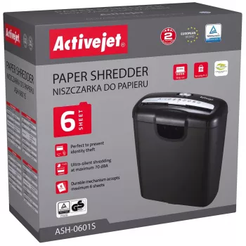 Activejet ASH-0601S distruggidocumenti, P-2, 10 l, 6 mm strisce, 6 fogli, nero.