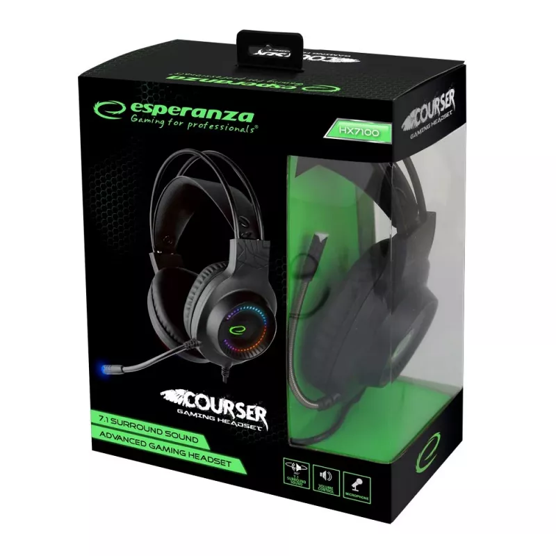 Esperanza EGH7100 Courser cuffie gaming con microfono, surround virtuale 7.1, USB 2.0, controllo del volume, nere