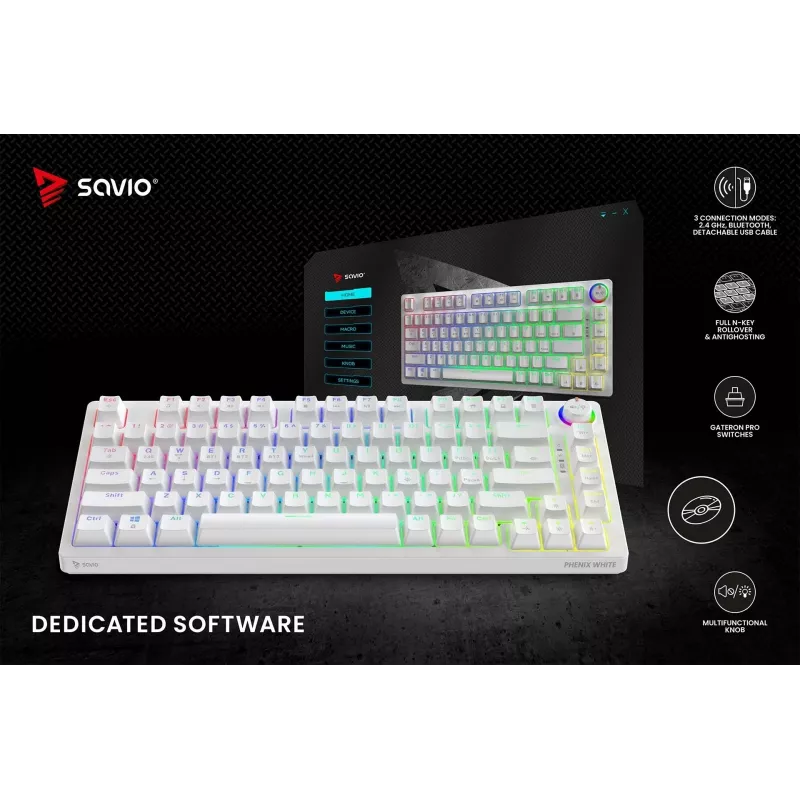 SAVIO PHENIX WHITE tastiera meccanica wireless, Gateron Red Pro, ABS