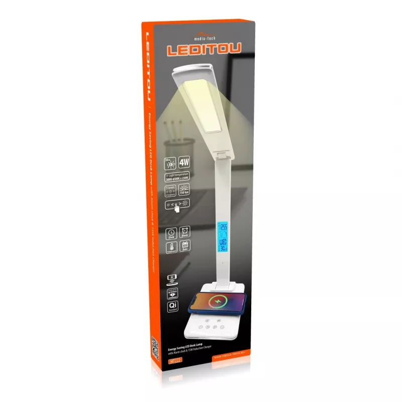 Media-Tech MT222 Leditou lampada da scrivania LED con caricatore wireless Qi da 15 W, orologio, sveglia, termometro, bianca