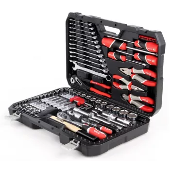 Set di utensili da meccanico YATO YT-38901 — set da 122 pezzi con chiavi a bussola (12–32 mm), cricchetto, prolunghe, cacciaviti, martello, pinze, finitura cromata