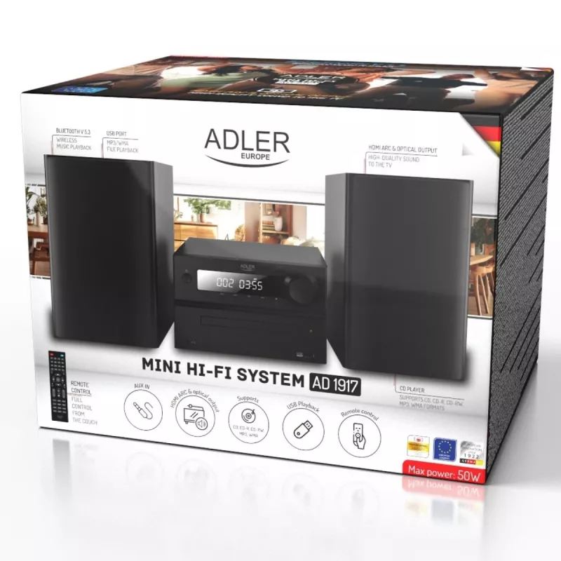 Mini sistema stereo Hi-Fi Adler AD 1917 — Bluetooth V5.3, CD/USB/MP3, 2×25 W RMS, sintonizzatore FM, equalizzatore a 4 bande, AUX, nero
