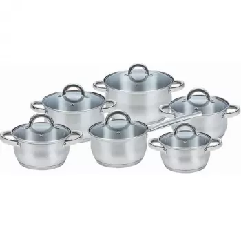 Set di pentole Maestro MR-2120-12 — collezione da 12 pezzi in acciaio inox con rivestimento antiaderente, adatto all'induzione, include 6 pentole (16–24 cm) e coperchi in vetro
