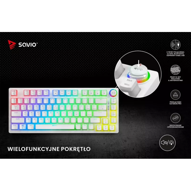 Tastiera gaming Savio Phenix WHITE GAT RED PUD con filo wireless USB Bluetooth RGB LED