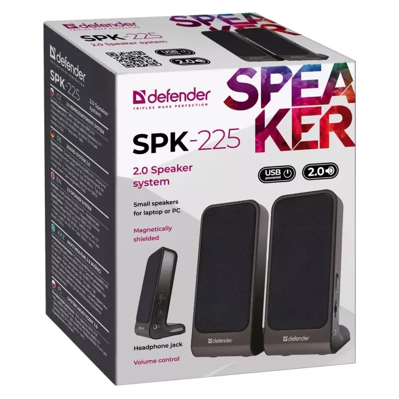 Diffusori DEFENDER SPK-225 2.0 con filo, 4 W RMS, USB/DC 5 V, 3,5 mm, nero
