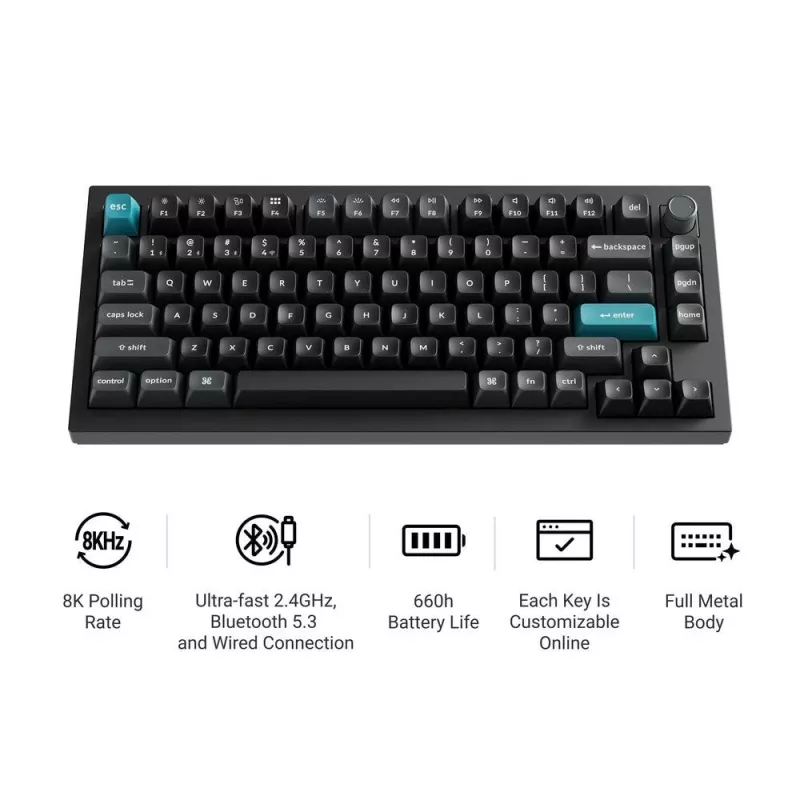Tastiera meccanica Keychron Q1 Ultra 8K — formato 75%, USB + RF wireless + Bluetooth, RGB LED, nero