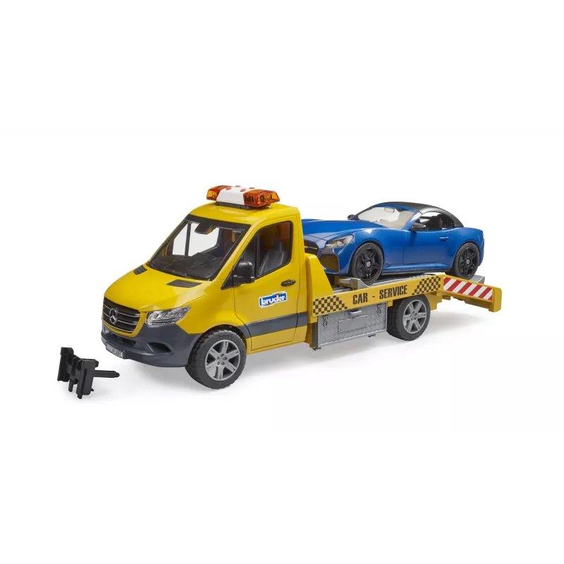 Bruder MB Sprinter trasportatore di auto con modulo luci e suoni, arancione/blu, roadster incluso