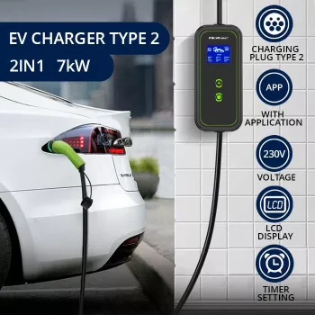 Caricabatterie mobile EV Qoltec regolabile 2in1 Type2 | 7kW | 230V | CEE 3 PIN | Wi-Fi | LCD | portatile | wallbox | 5m