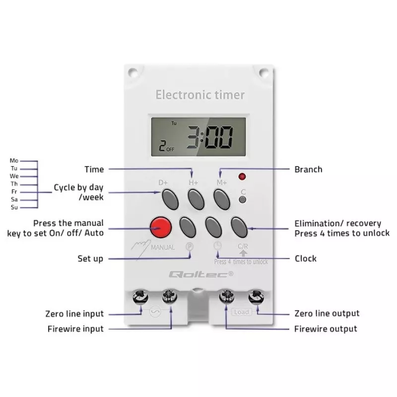 Timer elettronico per guida DIN QOLTEC PC0629 — alimentazione 24V, uscita 16A