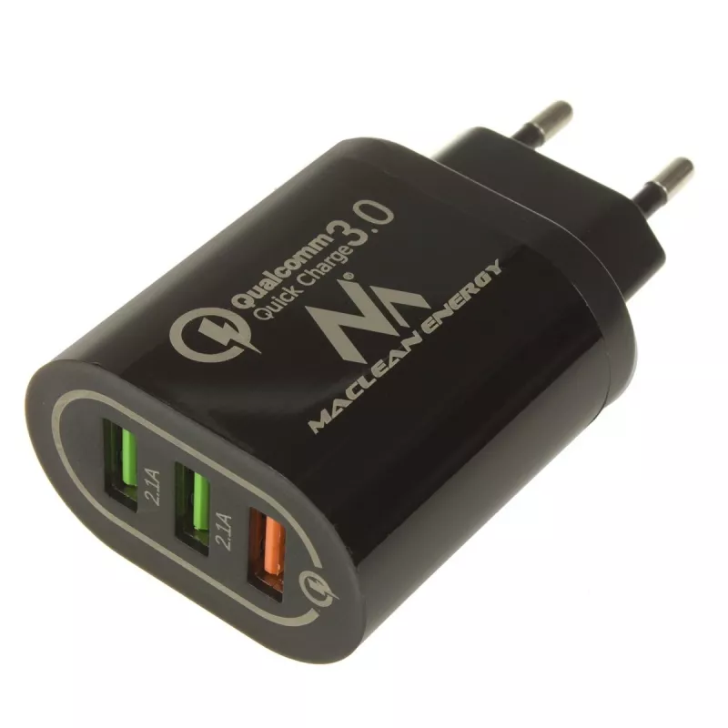 Caricabatterie da parete USB MACLEAN MCE479B — 3 porte USB, 18W di potenza totale, compatto