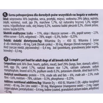 Cibo umido per cani Dolina Noteci manzo e maiale Adult scatoletta 400 g, proteine 11%, grassi 6%, umidità 78%