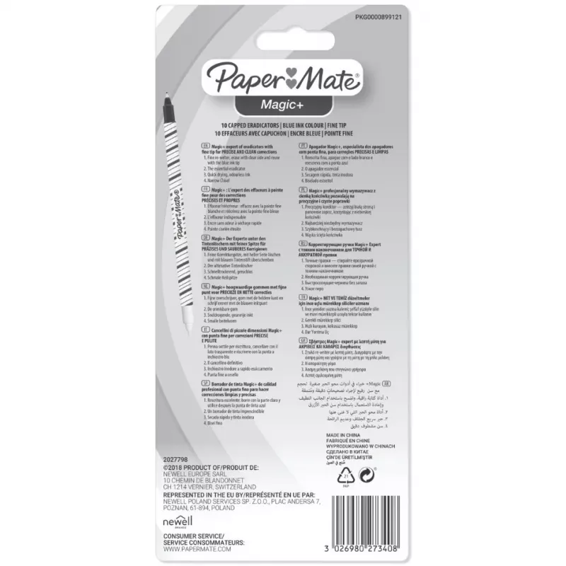 Paper Mate Magic+ penna cancellabile, punta fine, blu/bianco, 10 pz.