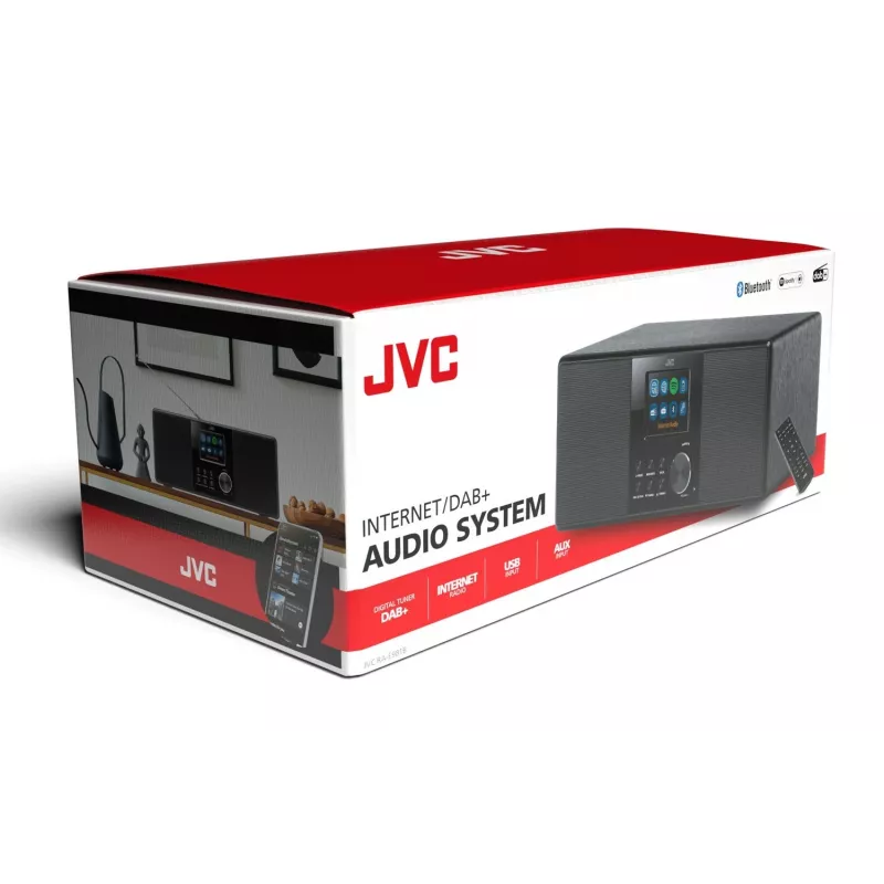 Radio internet JVC RA-E981B — streaming Wi‑Fi e Bluetooth, DAB+, FM, 2x5W, 40 stazioni memorizzabili, USB, AUX, display LCD