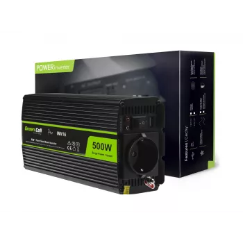 Inverter per auto Green Cell INV16 500 W DC 12 V a AC 230 V, 50 Hz, porta USB, raffreddamento attivo, nero