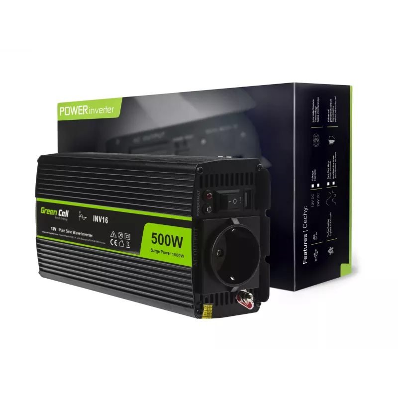 Inverter per auto Green Cell INV16 500 W DC 12 V a AC 230 V, 50 Hz, porta USB, raffreddamento attivo, nero
