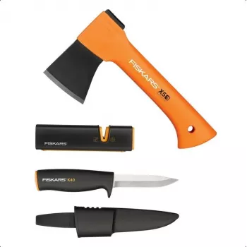 Set ascia e coltello Fiskars 1057913 con affilatore – kit ascia da mano e coltello multiuso