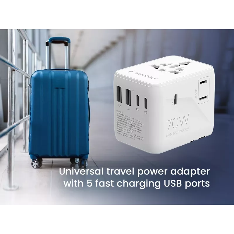 Gembird TPA-2A3C70-01-W adattatore da viaggio universale, 3x USB-C, 2x USB-A, 70 W, GaN, bianco