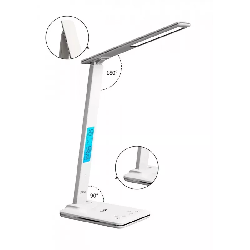 Media-Tech MT222 Leditou lampada da scrivania LED con caricatore wireless Qi da 15 W, orologio, sveglia, termometro, bianca