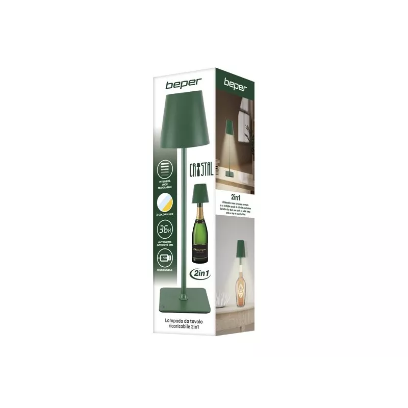 Beper P201UTP115 lampada da tavolo LED ricaricabile, 1,5 W, interruttore touch, dimmerabile, adattatore per bottiglia da 33 mm, resistente all'acqua, verde