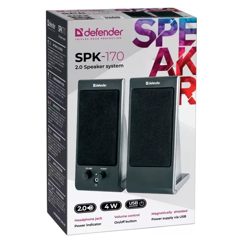 Diffusori da scrivania/da scaffale DEFENDER SPK-170 2.0, 4 W RMS, con filo USB 5 V, 3,5 mm, nero
