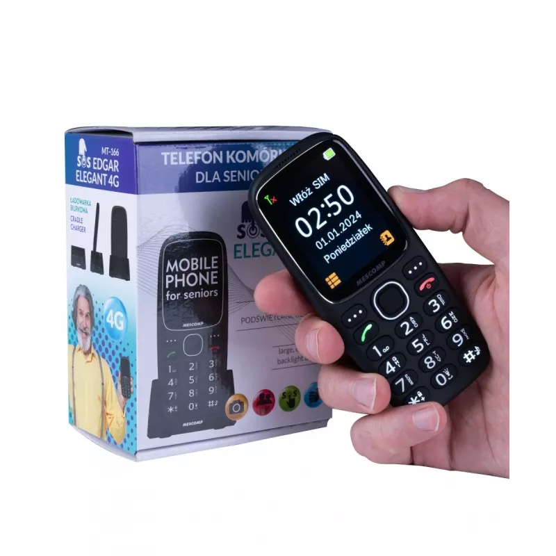 Telefono cellulare Mescomp MT-166 Edgar, elegante, per anziani, 4G, nero