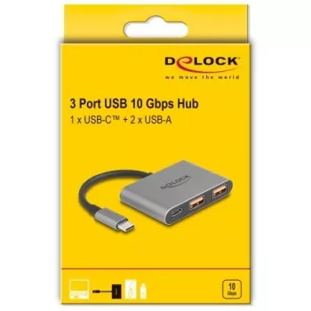 Hub USB DELOCK 64337 — host USB 3.2 Gen 2 Type-C, 3 porte (Type-C + 2× Type-A), 10 Gbit/s, grigio, case in metallo