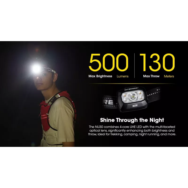 Torcia frontale Nitecore NU30 — torcia frontale LED compatta e portatile, fino a 500 lumen, più livelli di potenza, modalità luce rossa