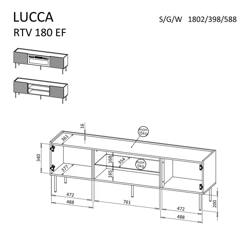 Mobile TV cama meble LUCCA 180x40x59 cm, piano e cornice bianchi, camino elettrico nero