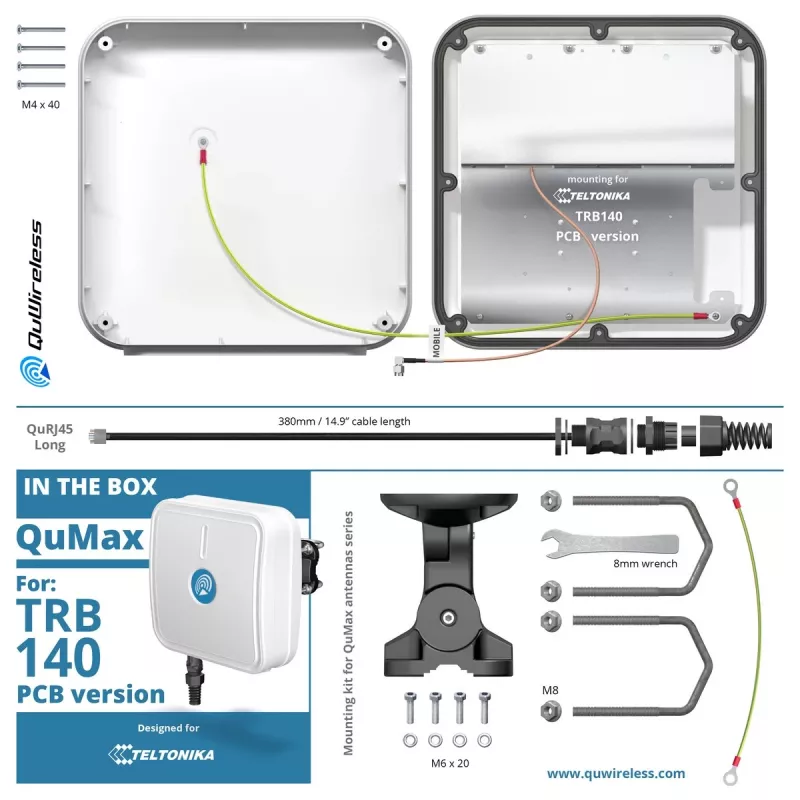 QuWireless QuMax A140M-A antenna LTE direzionale per Teltonika TRB140, PoE/LAN, 6 dBi, IP67, bianca