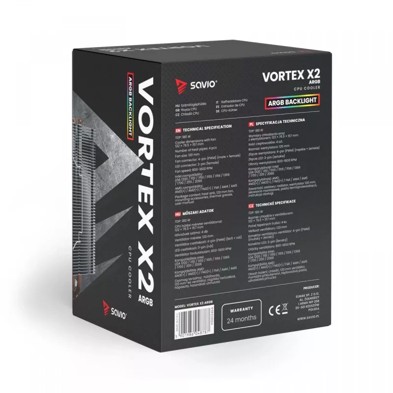 Dissipatore ad aria per CPU SAVIO SAVGCOVORTEXX2ARGB con 4 heatpipe, ventola ARGB 120 mm, nero