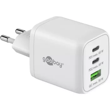 Caricabatterie rapido USB-C Nano, PD, GaN, 65 Watt (bianco, 1x USB-A, 2x USB-C PD, Charge 3.0)