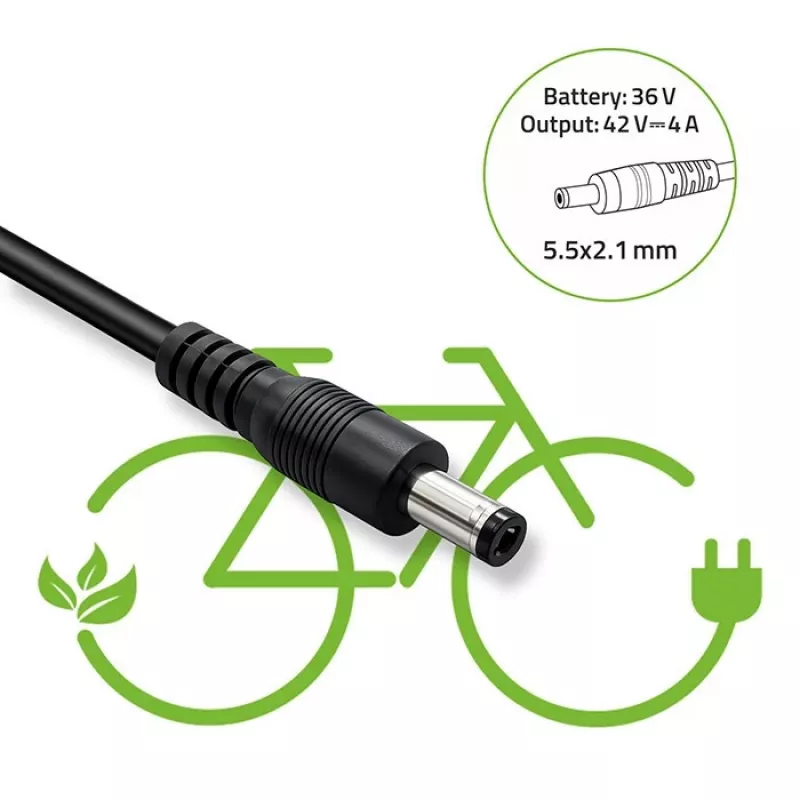 Caricabatterie QOLTEC 36V–42V 4A per e-bike, connettore DC 5,5×2,1 mm
