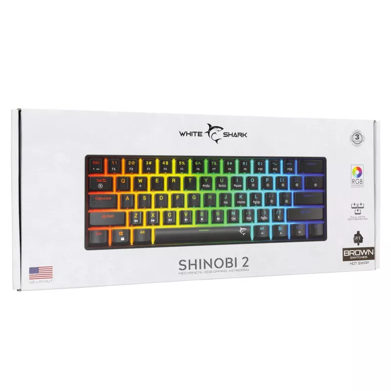 Tastiera meccanica White Shark Shinobi-2 nera layout US con switch Brown