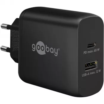Caricabatterie dual-fast USB-C, PD, GaN, 65 Watt (nero, 1x USB-C, 1x USB-A, Power Delivery)
