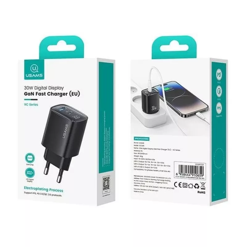 Caricabatterie usams CC229 30W GaN USB-C e USB LED caricabatterie da viaggio compatto