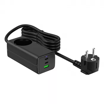 Caricabatterie USB GaN Akyga AK-CH-21 65 W, 2 x USB-C + USB-A, con presa, 1,5 m, nero