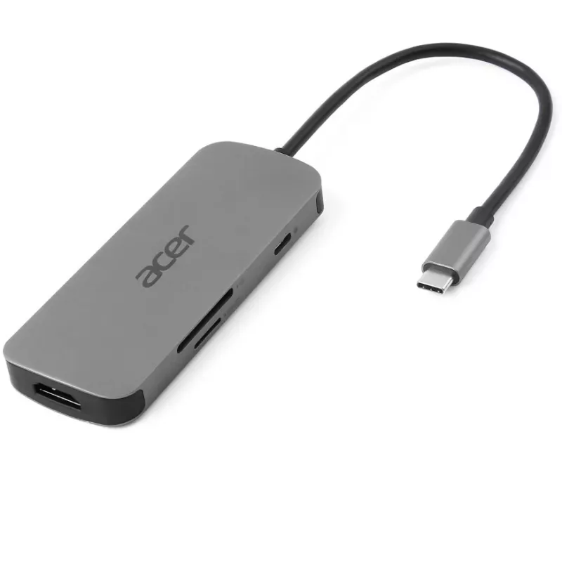 Dongle USB-C 7-in-1 Acer — USB 3.2 Gen 1 Type-C, 3x USB-A, HDMI, SD/MicroSD, 100W PD, argento