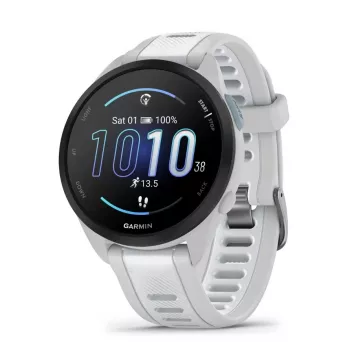 Smartwatch GARMIN Forerunner 165 — GPS, AMOLED 1,2 pollici, 4 GB, 5 ATM, 11 giorni di batteria, cassa grigia, cinturino bianco