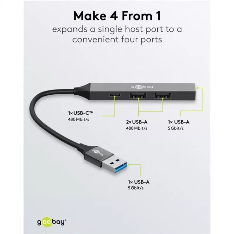 Hub USB Goobay Slim 4 porte, USB-A a USB-C™/USB-A, USB 3.2 (74458)
