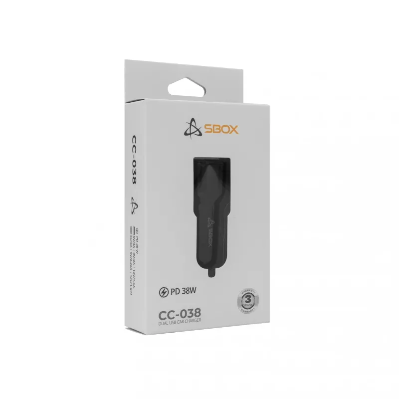 Caricabatterie da auto SBOX CC-038 38W nero — alimentatore dual-USB per veicoli